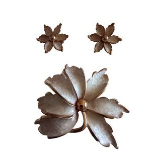 Vintage Hand Painted Flower  Broach and Matching Non-Pierced Earrings